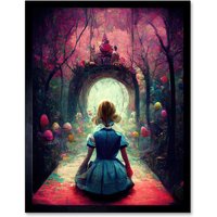 Artery8 Wall Art Print Alice In Wonderland Through Looking Glass Enchanted Pink Forest Art Framed in Black | Size: W12" x H16"