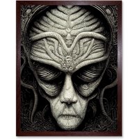 Artery8 Wall Art Print Alien Grays Monochrome Gothic Horror Art Framed in Brown | Size: W12" x H16"