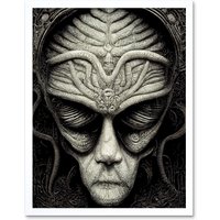 Artery8 Wall Art Print Alien Grays Monochrome Gothic Horror Art Framed in White | Size: W12" x H16"