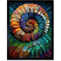 Artery8 Wall Art Print Bright Multicoloured Ammonite Fossil Art Framed in Black | Size: W12" x H16"