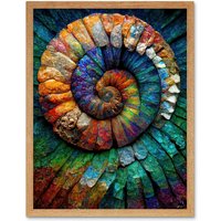 Artery8 Wall Art Print Bright Multicoloured Ammonite Fossil Art Framed in Light Oak | Size: W12" x H16"