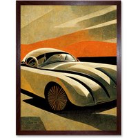 Artery8 Wall Art Print Art Deco Vintage Sports Car Sunset Art Framed in Brown | Size: W12" x H16"