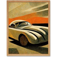 Artery8 Wall Art Print Art Deco Vintage Sports Car Sunset Art Framed in Light Oak | Size: W12" x H16"