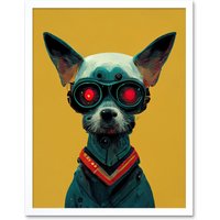 Artery8 Wall Art Print Cyborg Chihuahua Dog With Infrared Goggles In Mustard Red Background Art Framed in White | Size: W12" x H16"