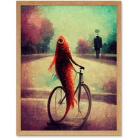 Artery8 Wall Art Print Koi Fish With Bicycle Surrealism Purple Teal Park Dream Art Framed in Light Oak | Size: W12" x H16"