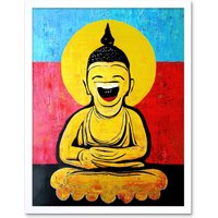 Artery8 Wall Art Print Happy Buddha Fun Acrylic Art Framed in White | Size: W12" x H16"