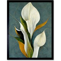 Artery8 Wall Art Print White Calla Lily Bouquet Flowers In Blue Background Realism Art Framed in Black | Size: W12" x H16"