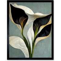 Artery8 Wall Art Print White Calla Lily Flower Pistil Bouquet Elegant Art Framed in Black | Size: W12" x H16"