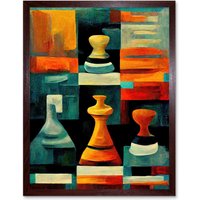 Artery8 Wall Art Print Chess Board & Pieces Modern Abstract Oil Art Framed in Brown | Size: W12" x H16"