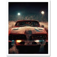 Artery8 Wall Art Print Classic Sports Car Muscle Cinematic Night Atmospheric Race In Fog Art Framed in White | Size: W12" x H16"