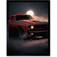 Artery8 Wall Art Print Classic Red Sports Muscle Car On A Rainy Atmospheric Night Art Framed in Black | Size: W12" x H16"