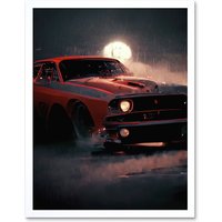 Artery8 Wall Art Print Classic Red Sports Muscle Car On A Rainy Atmospheric Night Art Framed in White | Size: W12" x H16"