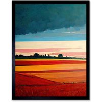 Artery8 Wall Art Print Colourful Modern Countryside Landscape Multicoloured Art Framed in Black | Size: W12" x H16"
