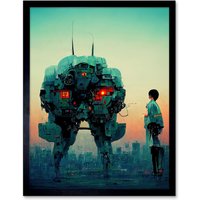 Artery8 Wall Art Print Mecha Japanese Sci-Fi Anime Art Framed in Black | Size: W12" x H16"