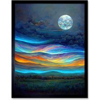 Artery8 Wall Art Print Full Moon Aurora Sky Modern Landscape Art Framed in Black | Size: W12" x H16"