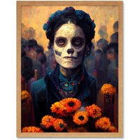 Artery8 Wall Art Print Day Of Dead Skull Marigold Flowers Art Framed in Light Oak | Size: W12" x H16"