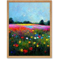 Artery8 Wall Art Print Delicate Wildflower Meadow Abstract Colourful Modern Art Framed in Light Oak | Size: W12" x H16"