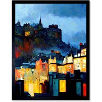 Artery8 Wall Art Print Edinburgh Castle From Grassmarket Cityscape Modern Art Framed in Black | Size: W12" x H16"