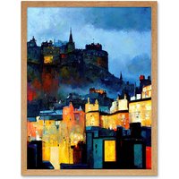 Artery8 Wall Art Print Edinburgh Castle From Grassmarket Cityscape Modern Art Framed in Light Oak | Size: W12" x H16"