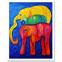 Artery8 Wall Art Print Abstract Pop Art Surrealism Elephants Colourful Oil Art Framed in White | Size: W12" x H16"