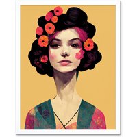 Artery8 Wall Art Print Elegant Vintage Boho Portrait Floral Hair Woman Art Framed in White | Size: W12" x H16"