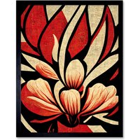Artery8 Wall Art Print Abstract Flowers Design Cream Red Black Vivid Bold Art Framed | Size: W12" x H16"
