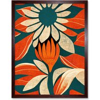 Artery8 Wall Art Print Flower Design Teal Orange Abstract Linocut Art Framed in Brown | Size: W12" x H16"