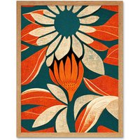 Artery8 Wall Art Print Flower Design Teal Orange Abstract Linocut Art Framed in Light Oak | Size: W12" x H16"