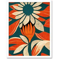 Artery8 Wall Art Print Flower Design Teal Orange Abstract Linocut Art Framed in White | Size: W12" x H16"