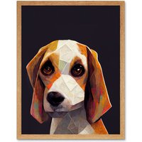 Artery8 Wall Art Print Geometric Beagle Dog On Black Art Framed in Light Oak | Size: W12" x H16"
