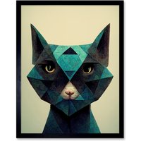 Artery8 Wall Art Print Fun Geometric Teal Cat Art Framed in Black | Size: W12" x H16"