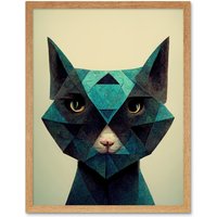 Artery8 Wall Art Print Fun Geometric Teal Cat Art Framed in Light Oak | Size: W12" x H16"