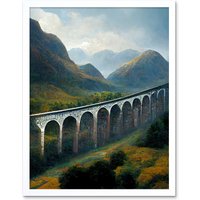 Artery8 Wall Art Print Glenfinnan Viaduct Scotland Train Journey Art Framed in White | Size: W12" x H16"