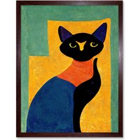 Artery8 Wall Art Print Modern Abstract Minimalist Cat Art Framed in Brown | Size: W12" x H16"