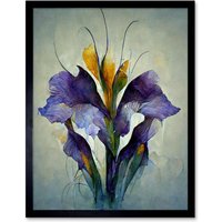 Artery8 Wall Art Print Iris Bouquet Modern Watercolour Art Framed in Black | Size: W12" x H16"