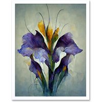 Artery8 Wall Art Print Iris Bouquet Modern Watercolour Art Framed in White | Size: W12" x H16"