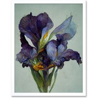 Artery8 Wall Art Print Iris Floral Modern Watercolour Art Framed in White | Size: W12" x H16"