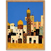 Artery8 Wall Art Print Klimt Style Moroccan Cityscape Blue Gold Art Framed in Light Oak | Size: W12" x H16"