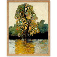 Artery8 Wall Art Print Klimt Style Tree River Bank Scene Art Framed in Light Oak | Size: W12" x H16"