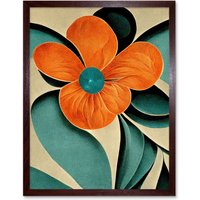 Artery8 Wall Art Print Bold Art Deco Flowers Teal Orange Cream Poppy Art Framed in Brown | Size: W12" x H16"