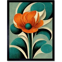 Artery8 Wall Art Print Art Deco Poppy Flower Teal Orange Cream Art Framed in Black | Size: W12" x H16"
