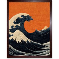 Artery8 Wall Art Print Minimalist Orange Sunset Sky Modern Style Of Great Wave Off-Kanagawa Art Framed in Brown | Size: W12" x H16"