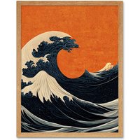 Artery8 Wall Art Print Minimalist Orange Sunset Sky Modern Style Of Great Wave Off-Kanagawa Art Framed in Light Oak | Size: W12" x H16"