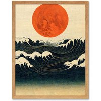 Artery8 Wall Art Print Minimalist Large Orange Moon Over Ocean Waves Ukiyo-e Style Art Framed in Light Oak | Size: W12" x H16"
