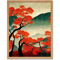 Artery8 Wall Art Print Modern Japanese Red Maple Trees On Hillside Art Framed in Light Oak | Size: W12" x H16"