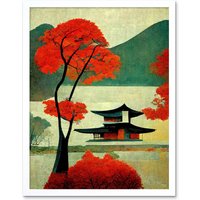 Artery8 Wall Art Print Modern Japanese Red Maple Tree Art Framed in White | Size: W12" x H16"