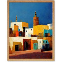 Artery8 Wall Art Print Morocco Skyline Cityscape Modern Art Framed in Light Oak | Size: W12" x H16"