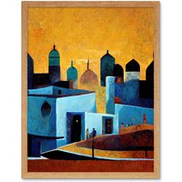 Artery8 Wall Art Print Moroccan African Cityscape Modern Blue Yellow Art Framed in Light Oak | Size: W12" x H16"