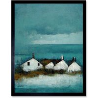 Artery8 Wall Art Print Scottish Seascape White Cottages On Teal Art Framed in Black | Size: W12" x H16"