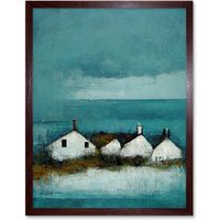 Artery8 Wall Art Print Scottish Seascape White Cottages On Teal Art Framed in Brown | Size: W12" x H16"